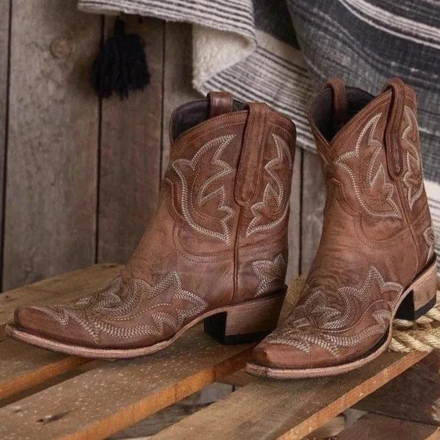 Womens' floral embroidered cowboy boots short pointed toe cowgirl boots